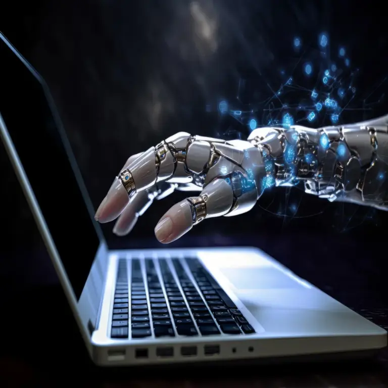 SEO Agency in London UK – AI-driven SEO strategies with robotic hand and laptop symbolizing advanced search optimization